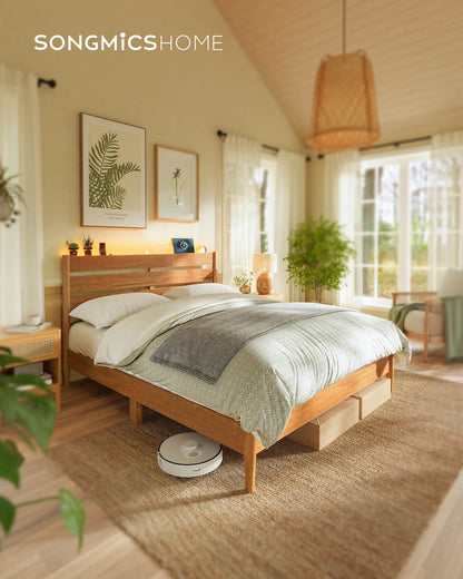 Queen Bed Frame with Headboard, LED Lights, Charging, Storage, Caramel Brown