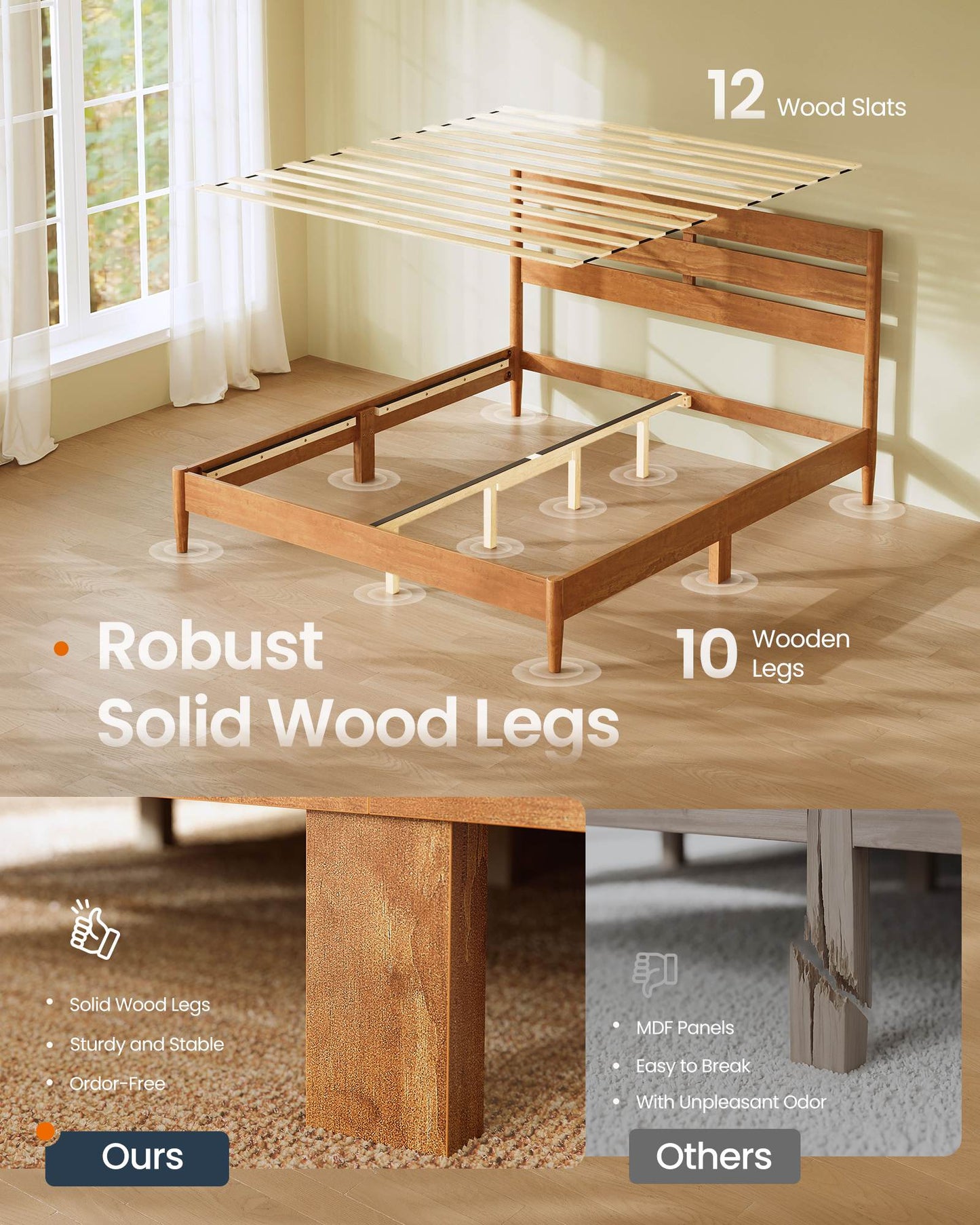 Queen Bed Frame with Headboard, LED Lights, Charging, Storage, Caramel Brown