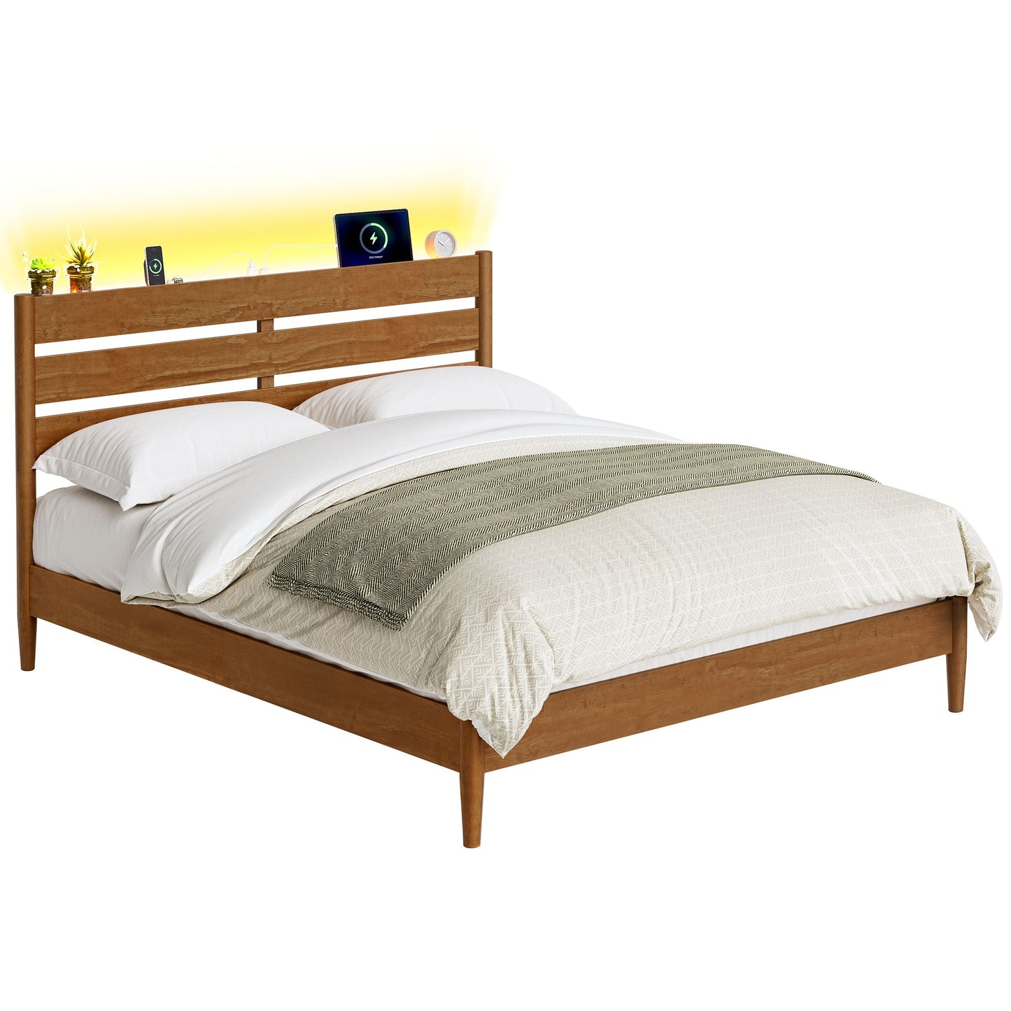 Bed Frame, Wood Platform Bed with Storage Headboard - image 2