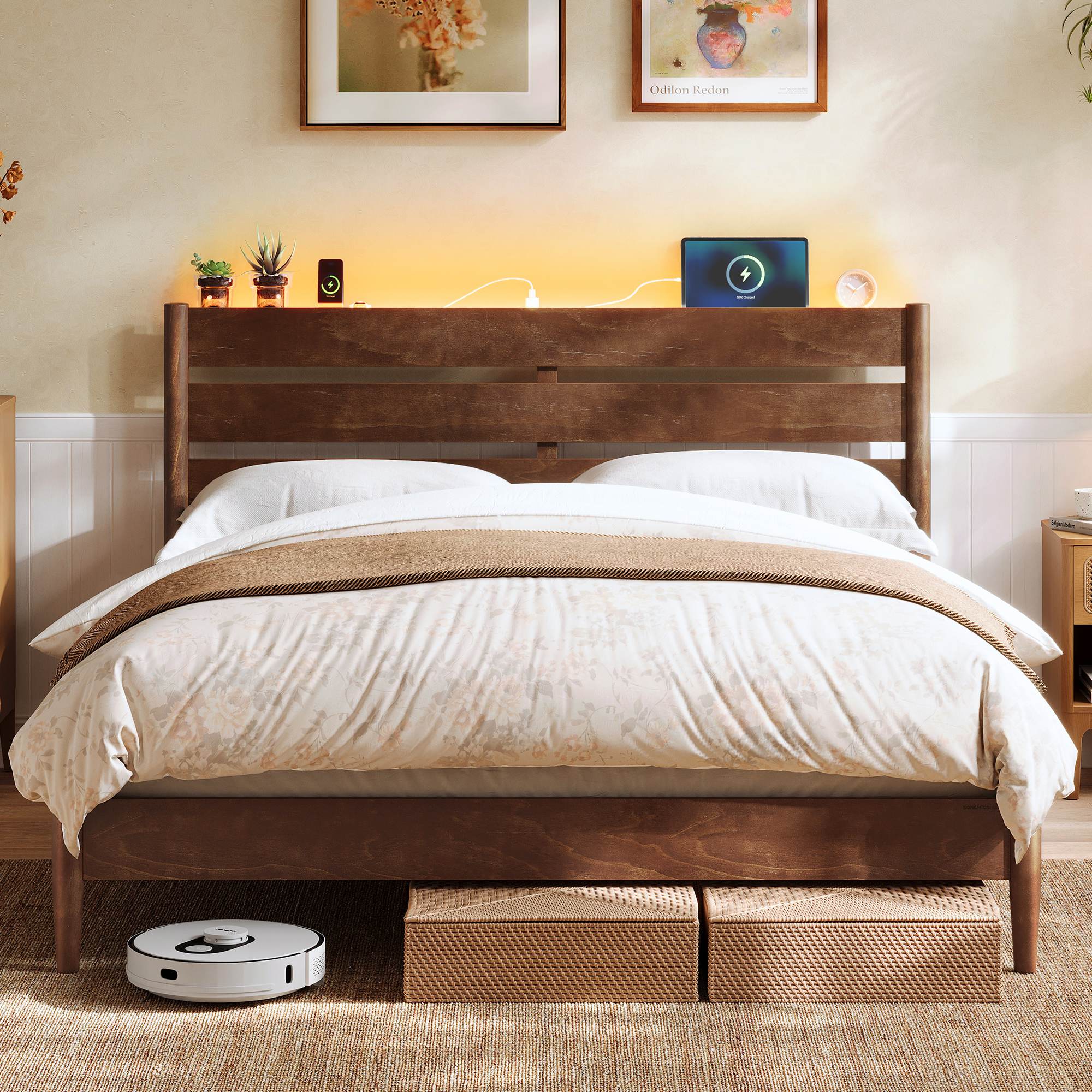 Queen Bed Frame with Headboard, LED Lights, Charging Station, Storage Shelf, Coffee Brown