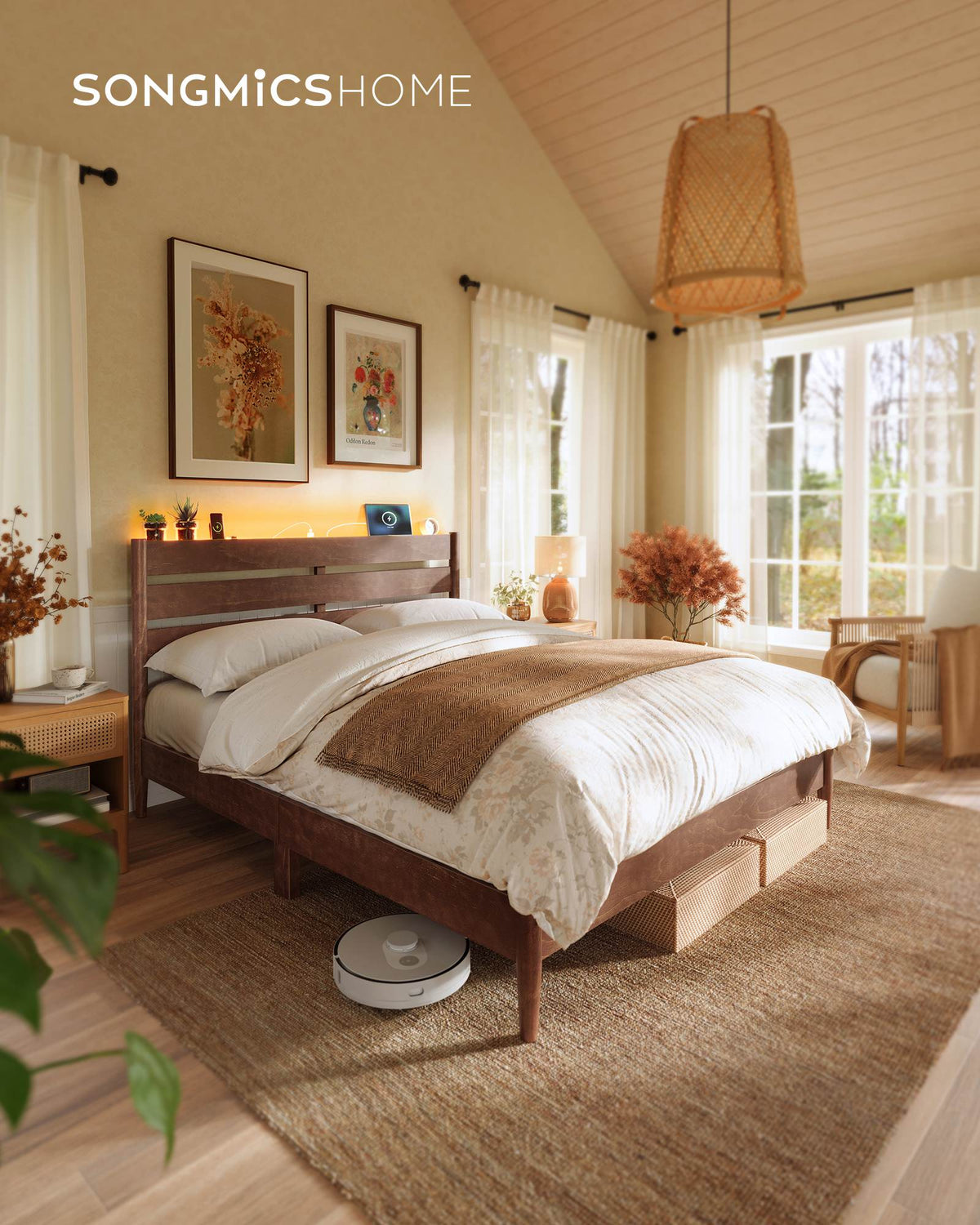 Queen Bed Frame with Headboard, LED Lights, Charging Station, Storage Shelf, Coffee Brown