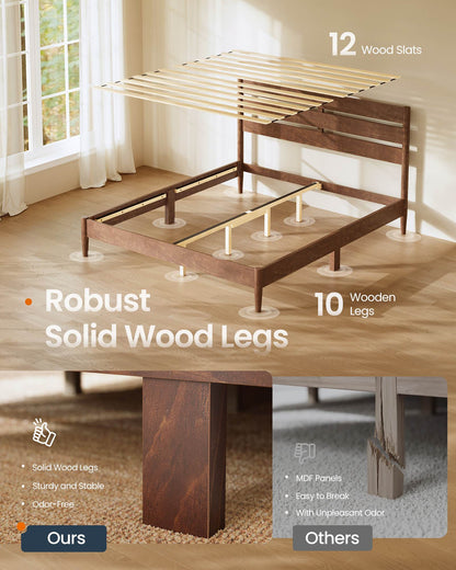 Queen Bed Frame with Headboard, LED Lights, Charging Station, Storage Shelf, Coffee Brown