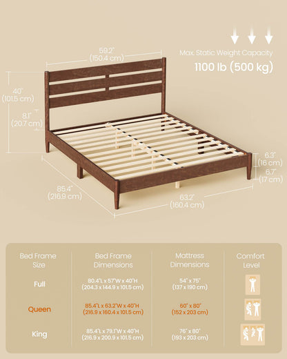 Queen Bed Frame with Headboard, LED Lights, Charging Station, Storage Shelf, Coffee Brown
