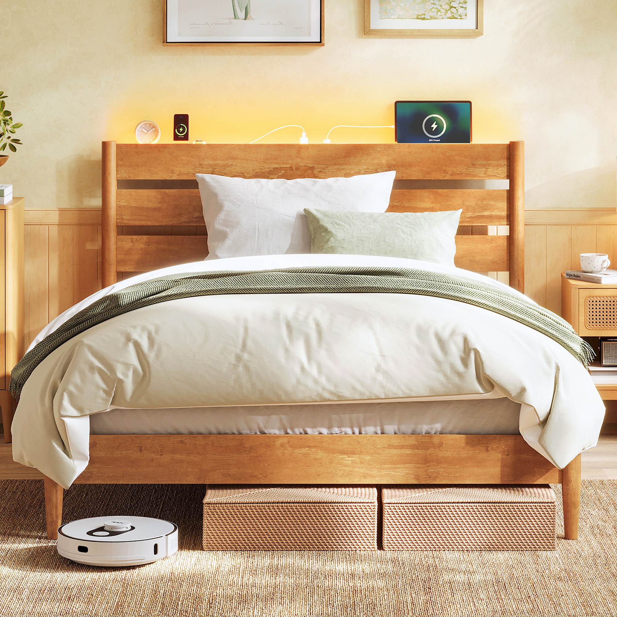 Full Bed Frame with LED Headboard, Storage Shelf, Charging Station, Caramel Brown