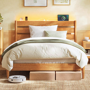 Full Bed Frame with LED Headboard, Storage Shelf, Charging Station, Caramel Brown