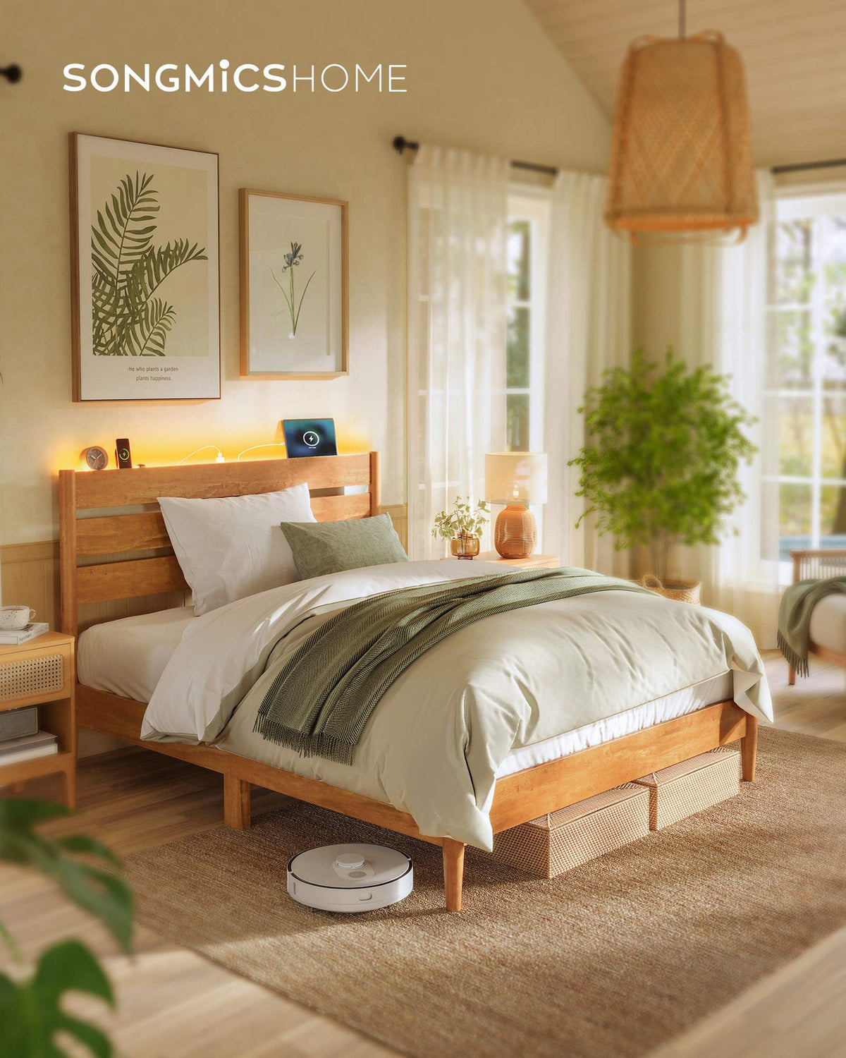 Full Bed Frame with LED Headboard, Storage Shelf, Charging Station, Caramel Brown