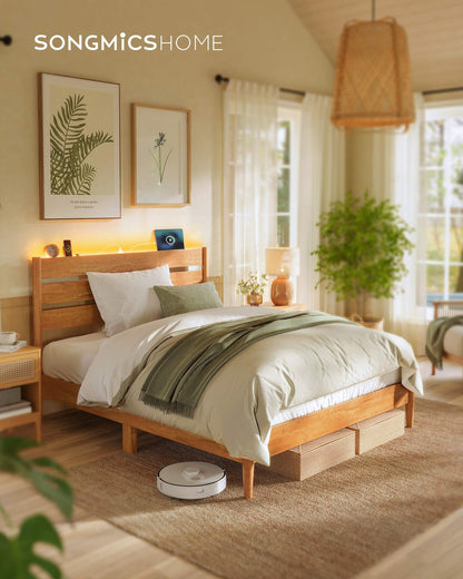 Full Bed Frame with LED Headboard, Storage Shelf, Charging Station, Caramel Brown