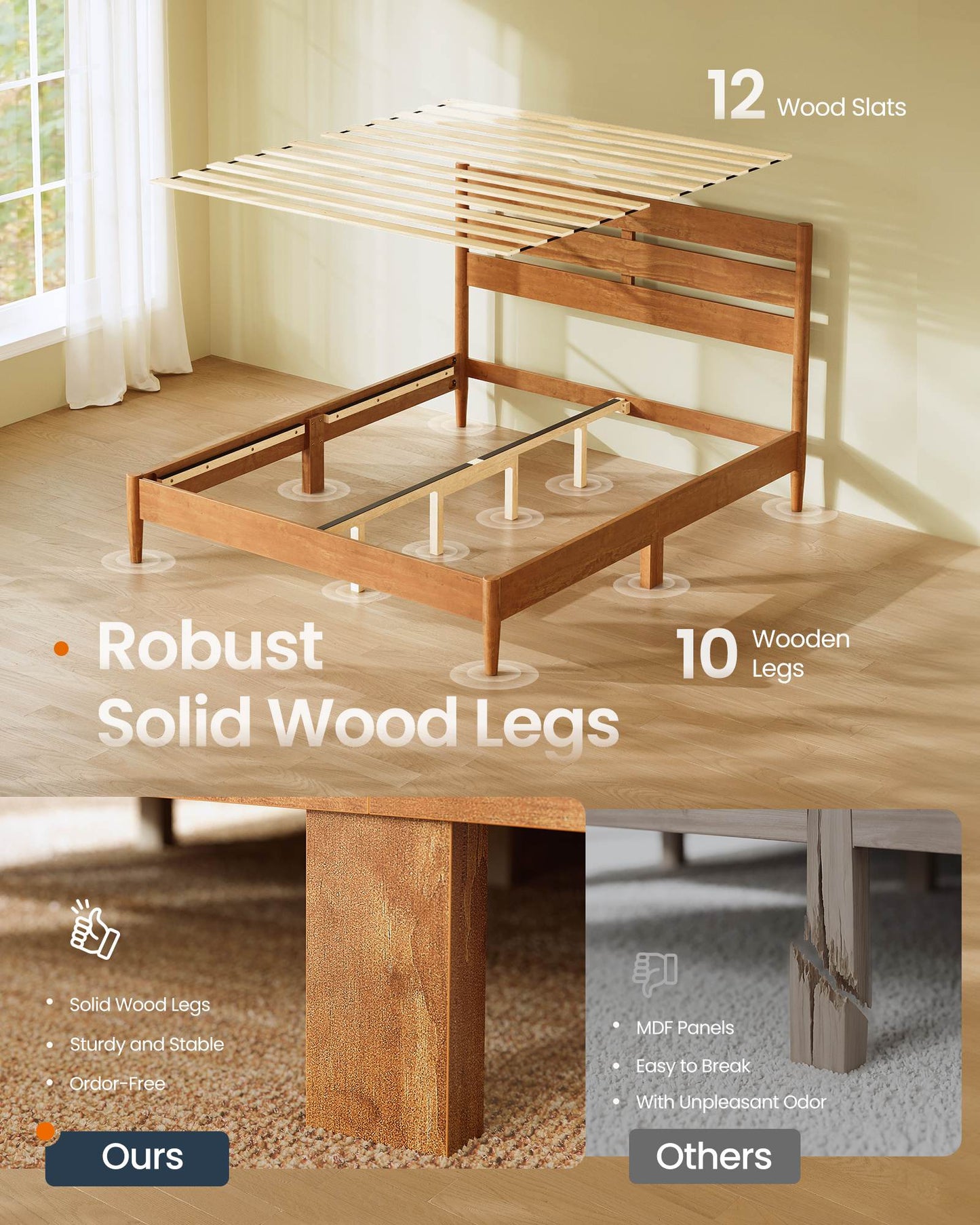 Full Bed Frame with LED Headboard, Storage Shelf, Charging Station, Caramel Brown