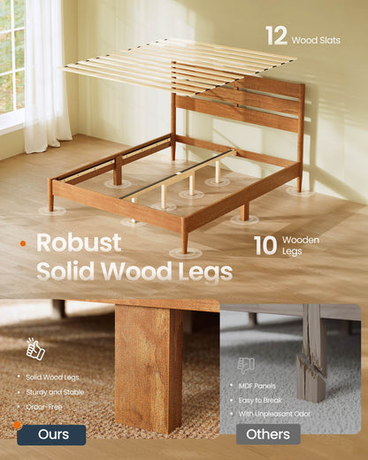 Full Bed Frame with LED Headboard, Storage Shelf, Charging Station, Caramel Brown