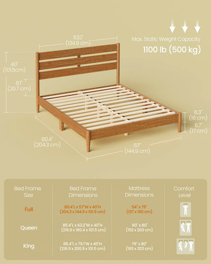 Full Bed Frame with LED Headboard, Storage Shelf, Charging Station, Caramel Brown