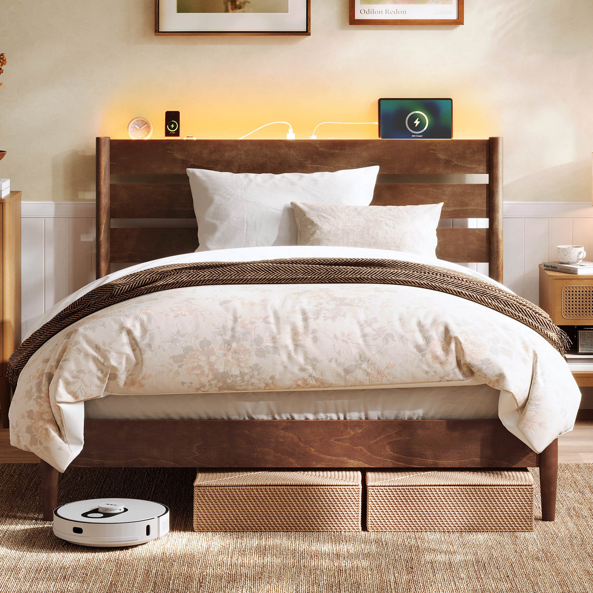 Full Bed Frame, Coffee Brown, LED Headboard, Storage Shelf, Charging Station, 1100 lbs
