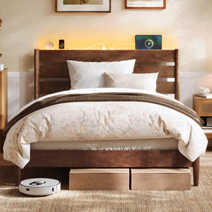 Full Bed Frame, Coffee Brown, LED Headboard, Storage Shelf, Charging Station, 1100 lbs