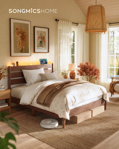 Full Bed Frame, Coffee Brown, LED Headboard, Storage Shelf, Charging Station, 1100 lbs