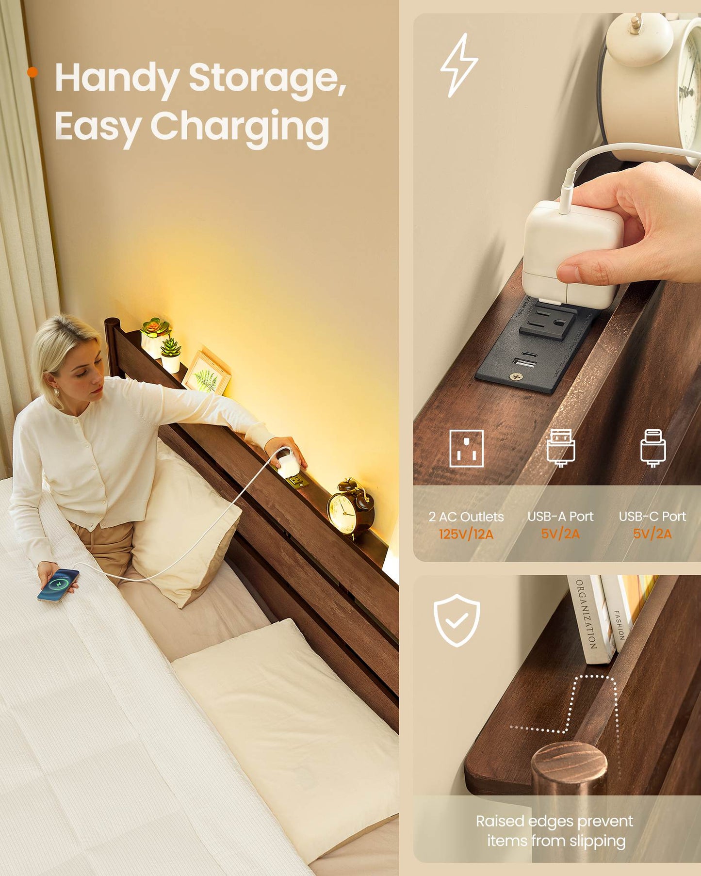 Full Bed Frame, Coffee Brown, LED Headboard, Storage Shelf, Charging Station, 1100 lbs