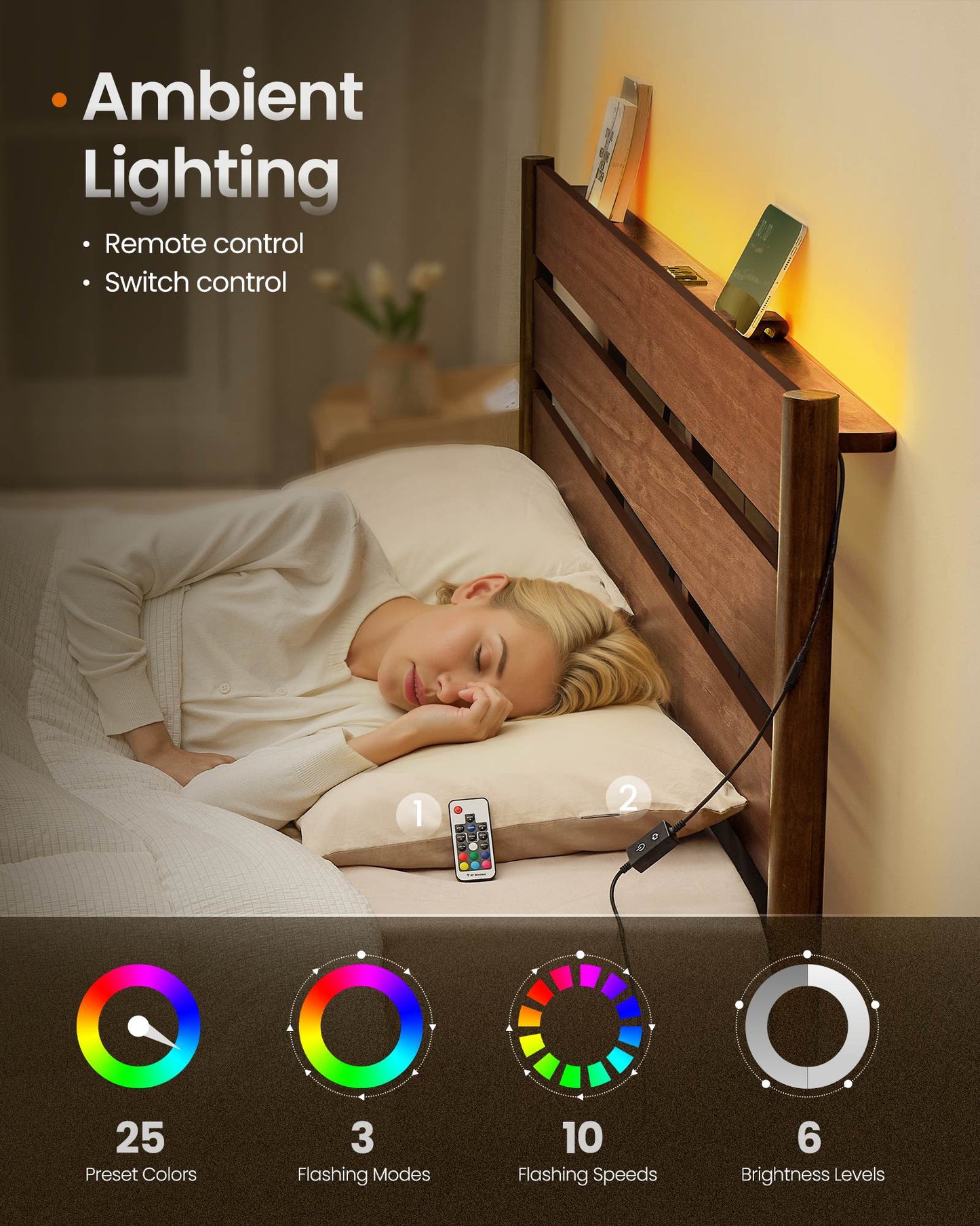 Full Bed Frame, Coffee Brown, LED Headboard, Storage Shelf, Charging Station, 1100 lbs