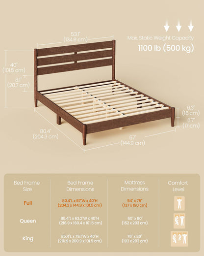 Full Bed Frame, Coffee Brown, LED Headboard, Storage Shelf, Charging Station, 1100 lbs