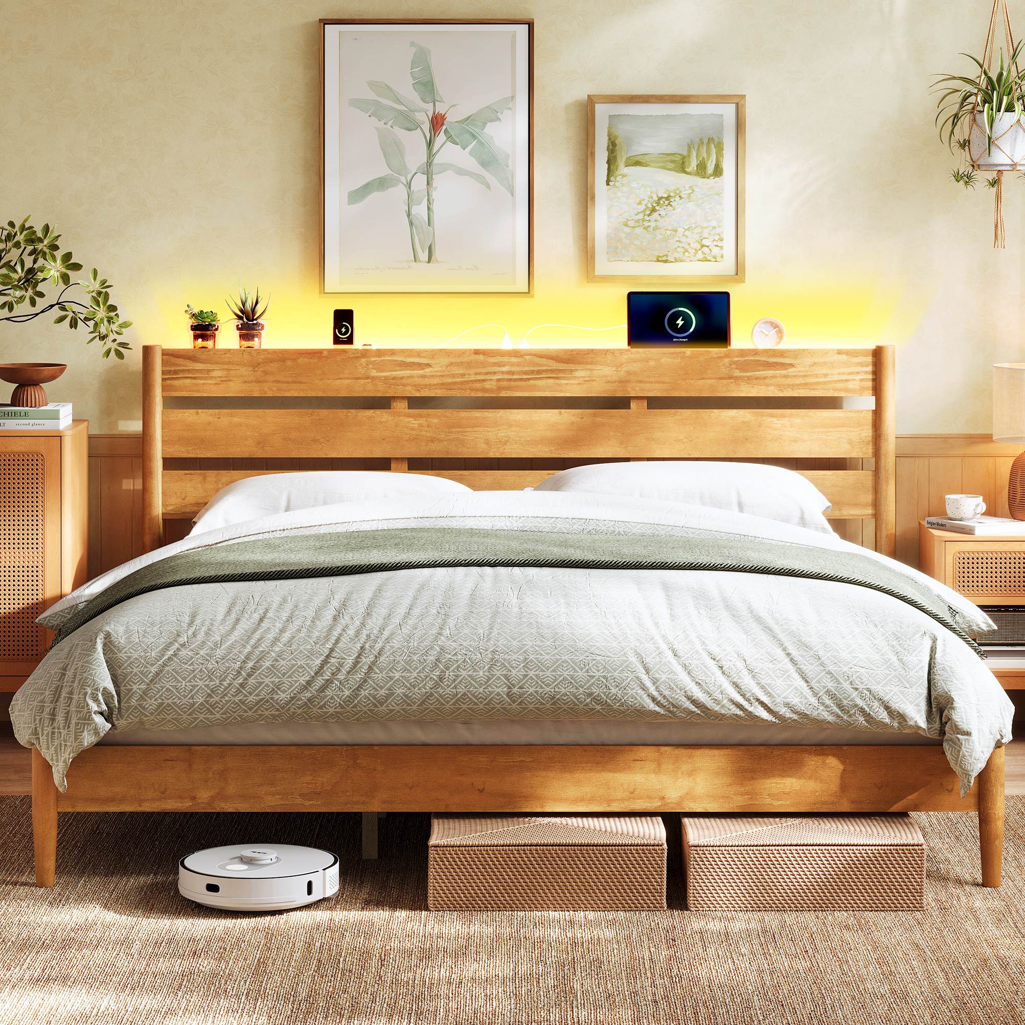 King Bed Frame with Headboard, LED Lights, Charging Station, Storage Shelf, Caramel Brown