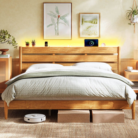 King Bed Frame with Headboard, LED Lights, Charging Station, Storage Shelf, Caramel Brown