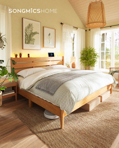 King Bed Frame with Headboard, LED Lights, Charging Station, Storage Shelf, Caramel Brown