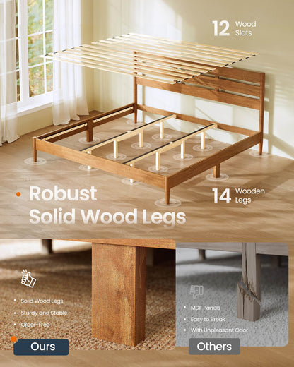 King Bed Frame with Headboard, LED Lights, Charging Station, Storage Shelf, Caramel Brown
