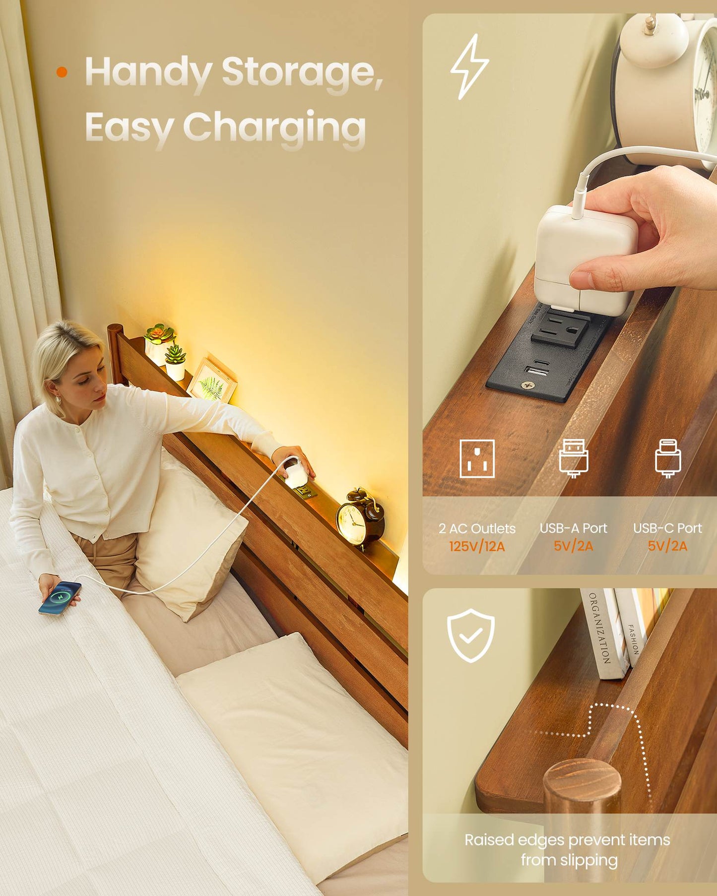 King Bed Frame with Headboard, LED Lights, Charging Station, Storage Shelf, Caramel Brown