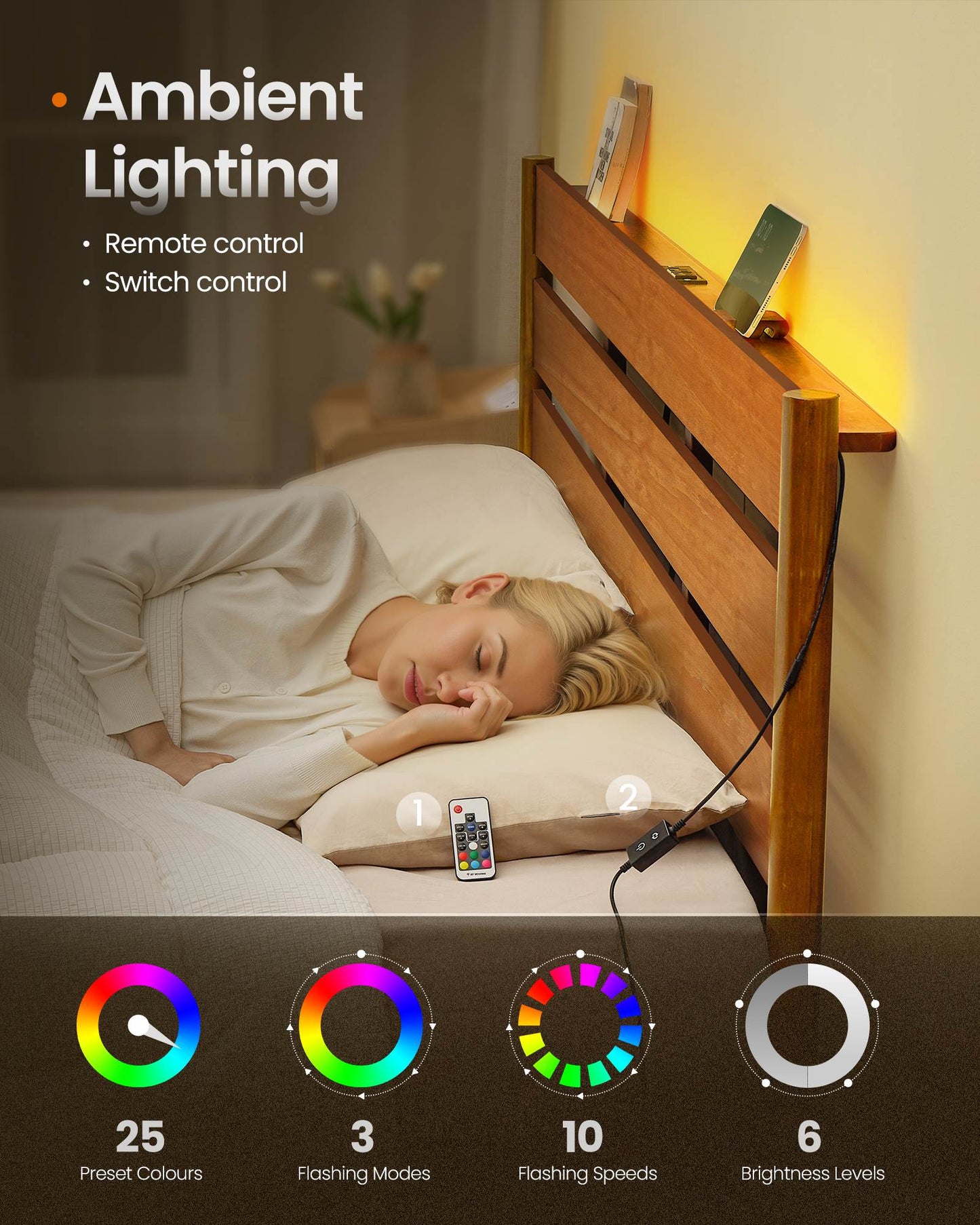 King Bed Frame with Headboard, LED Lights, Charging Station, Storage Shelf, Caramel Brown