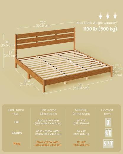 King Bed Frame with Headboard, LED Lights, Charging Station, Storage Shelf, Caramel Brown