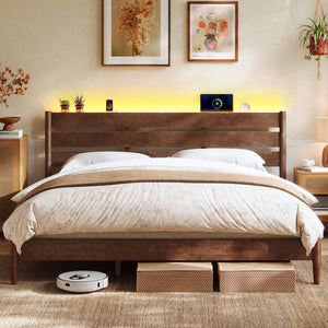 King Bed Frame with Headboard, LED Lights, Charging Station, Storage Shelf, Coffee Brown