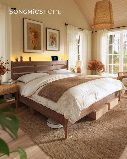 King Bed Frame with Headboard, LED Lights, Charging Station, Storage Shelf, Coffee Brown