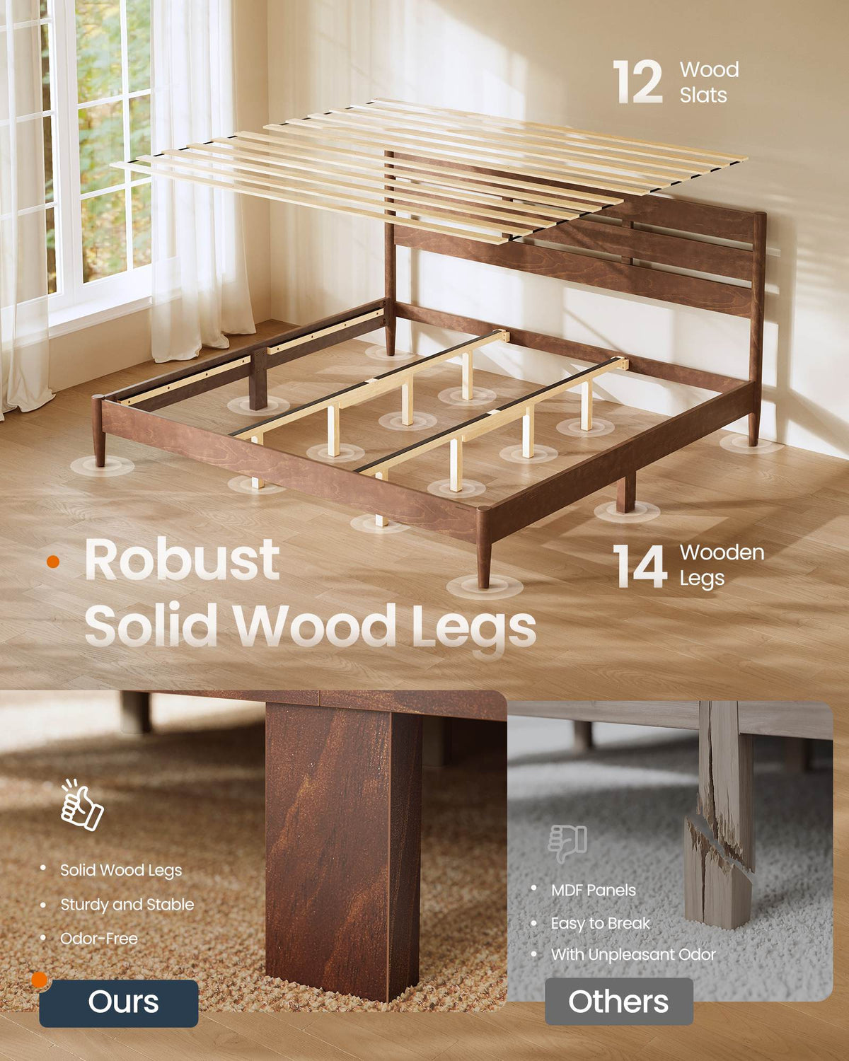 King Bed Frame with Headboard, LED Lights, Charging Station, Storage Shelf, Coffee Brown