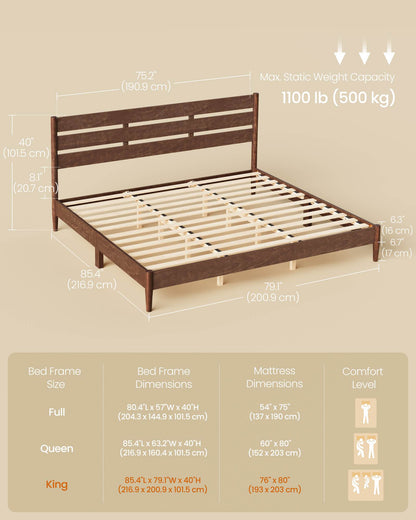 King Bed Frame with Headboard, LED Lights, Charging Station, Storage Shelf, Coffee Brown