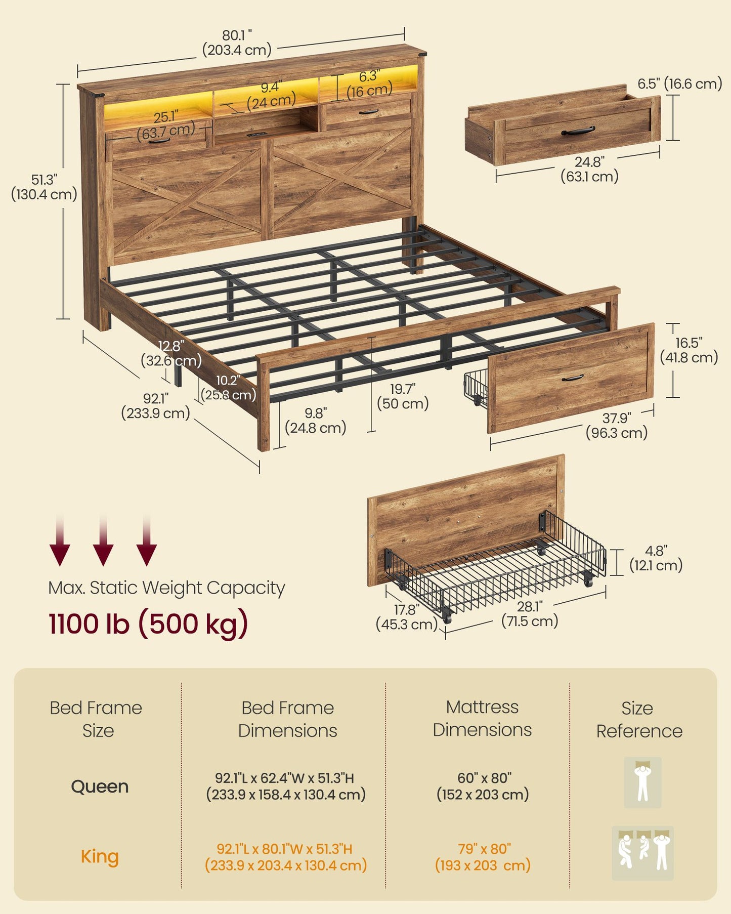 King Bed Frame with Storage Headboard - HWLEXTRA 