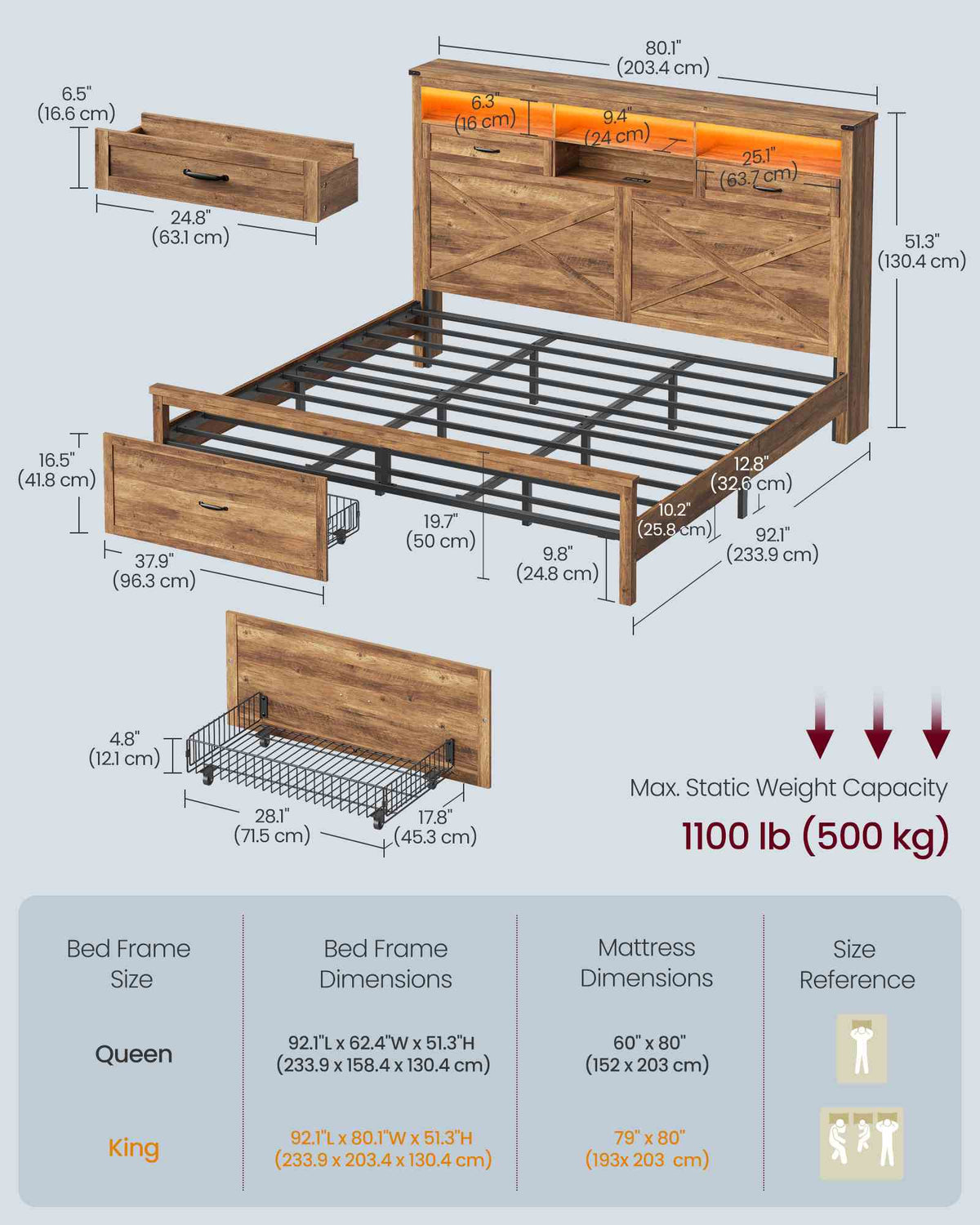 King Bed Frame with Storage Headboard