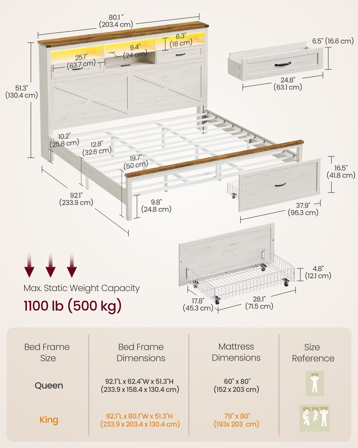 King Bed Frame with Storage Headboard - HWLEXTRA 