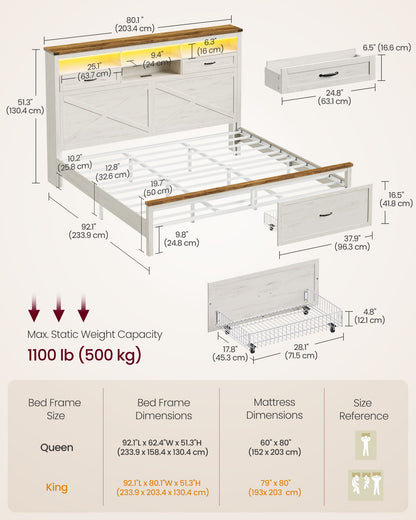 King Bed Frame with Storage Headboard - HWLEXTRA 