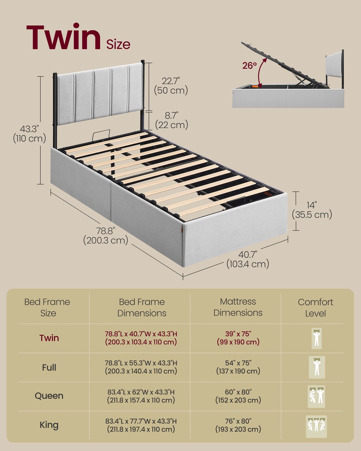 Lift Up Storage Bed Frame Twin Size, Hydraulic Platform Bed
