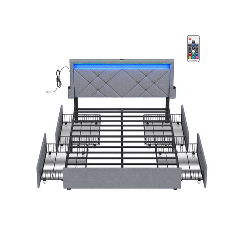 LED Bed Frame Full Size with Headboard and 4 Drawers