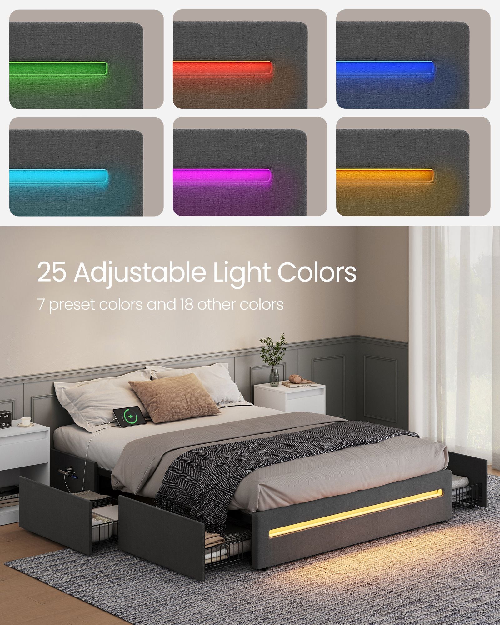 LED Bed Frame Full Size with 4 Drawers and Charging Station