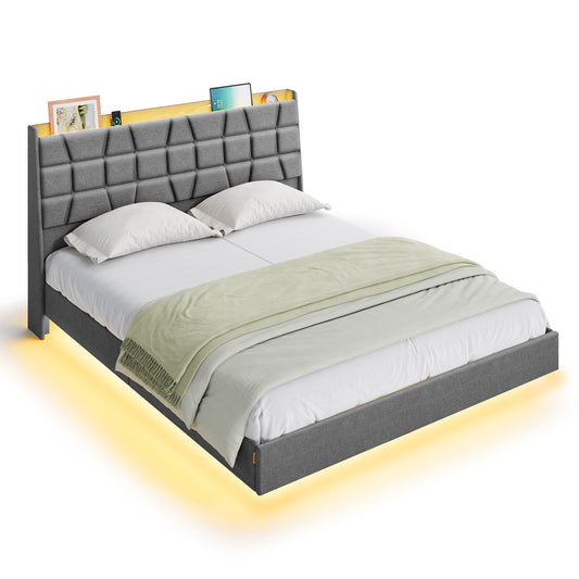 Queen Size Floating Bed Frame with LED Lights