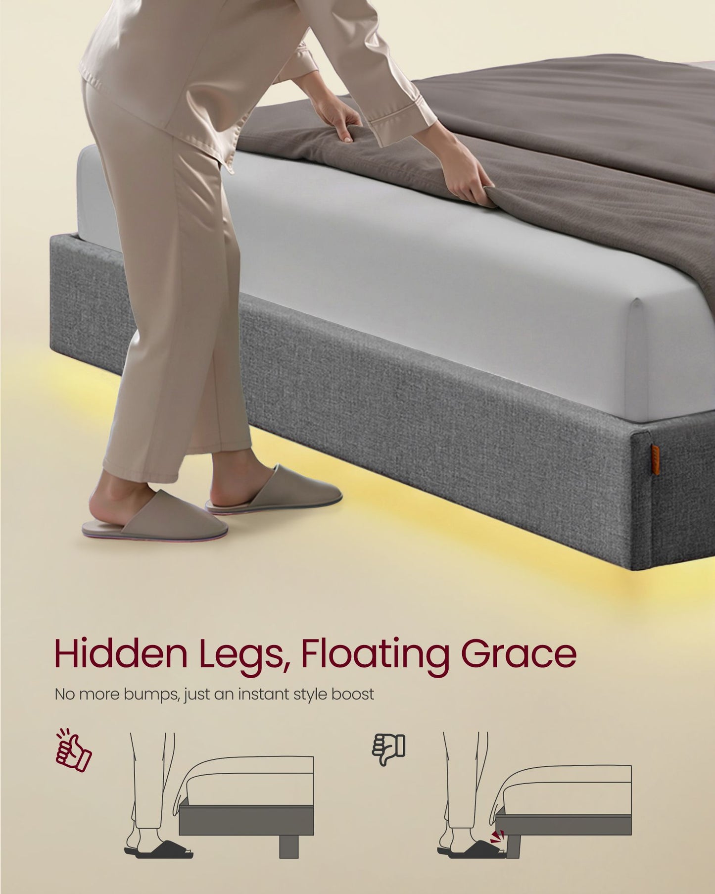 Queen Size Floating Bed Frame with LED Lights