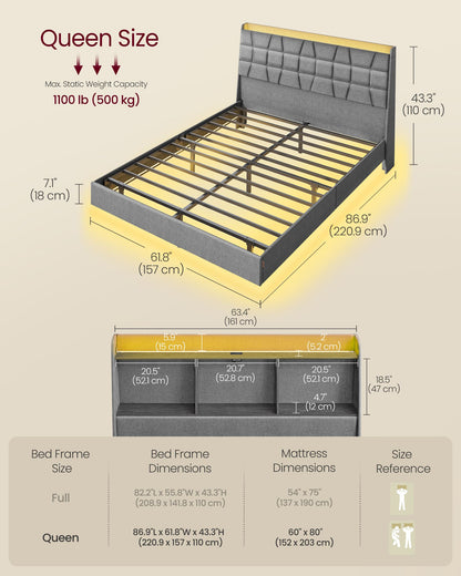 Queen Size Floating Bed Frame with LED Lights