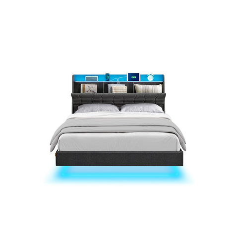 Queen Size Floating Bed Frame with LED Lights