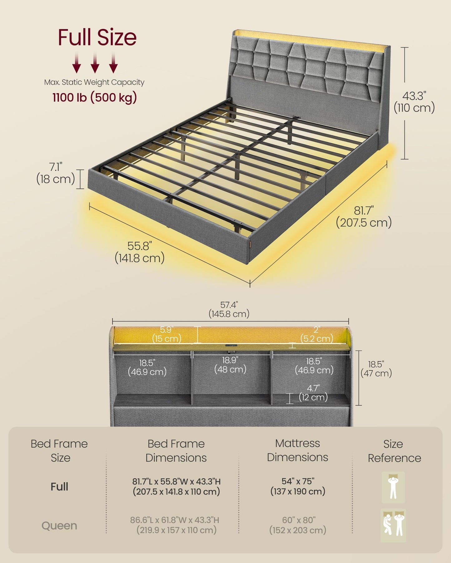 Full Size Floating Bed Frame with LED Lights