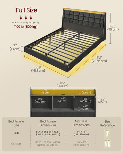 Full Size Floating Bed Frame with LED Lights