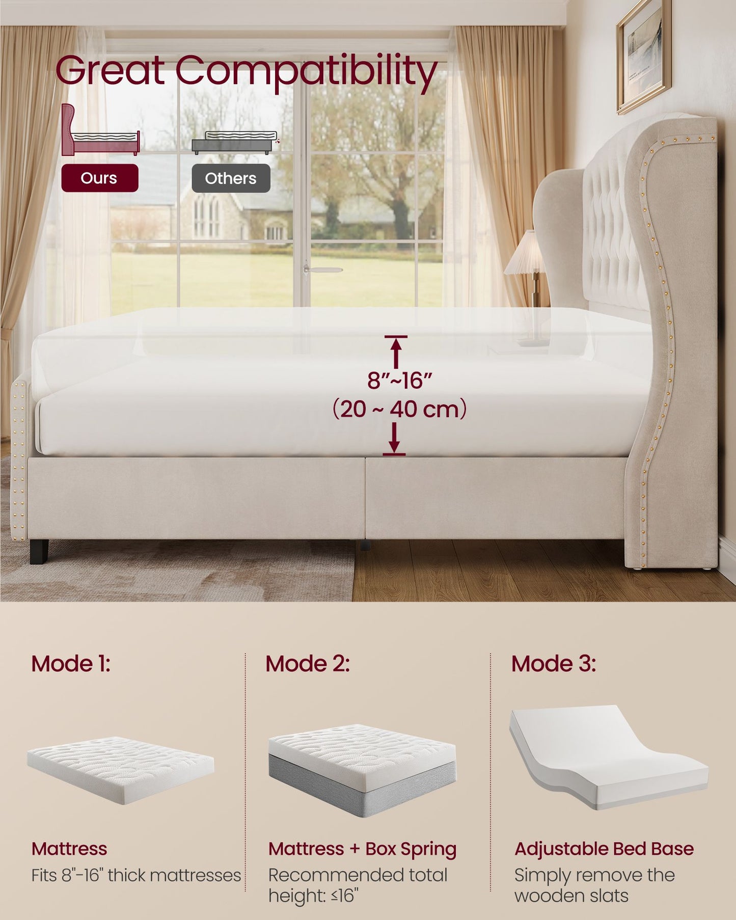 Queen Bed Frame with Tall Headboard and Upholstered Platform