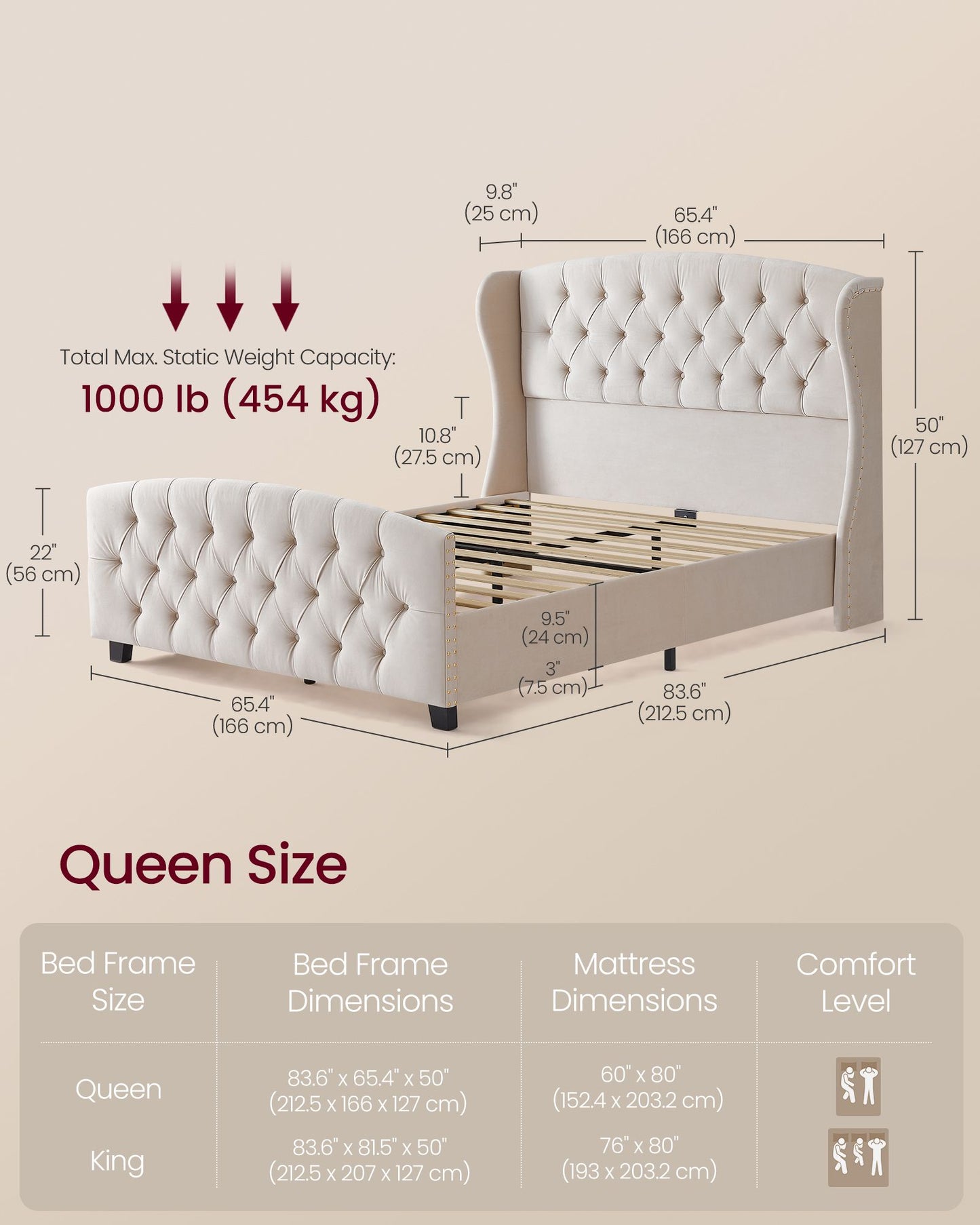 Queen Bed Frame with Tall Headboard and Upholstered Platform