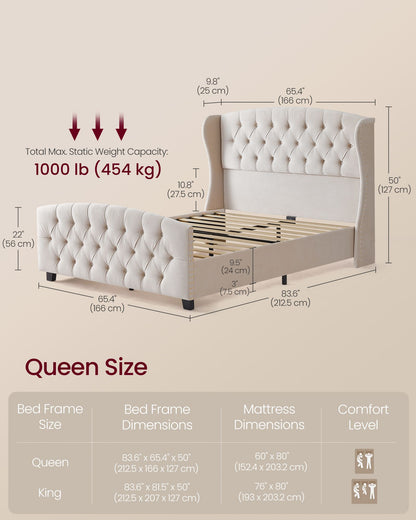 Queen Bed Frame with Tall Headboard and Upholstered Platform