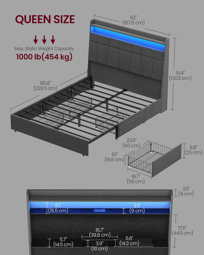 Queen Bed Frame with 51.4-Inch Tall Storage Headboard