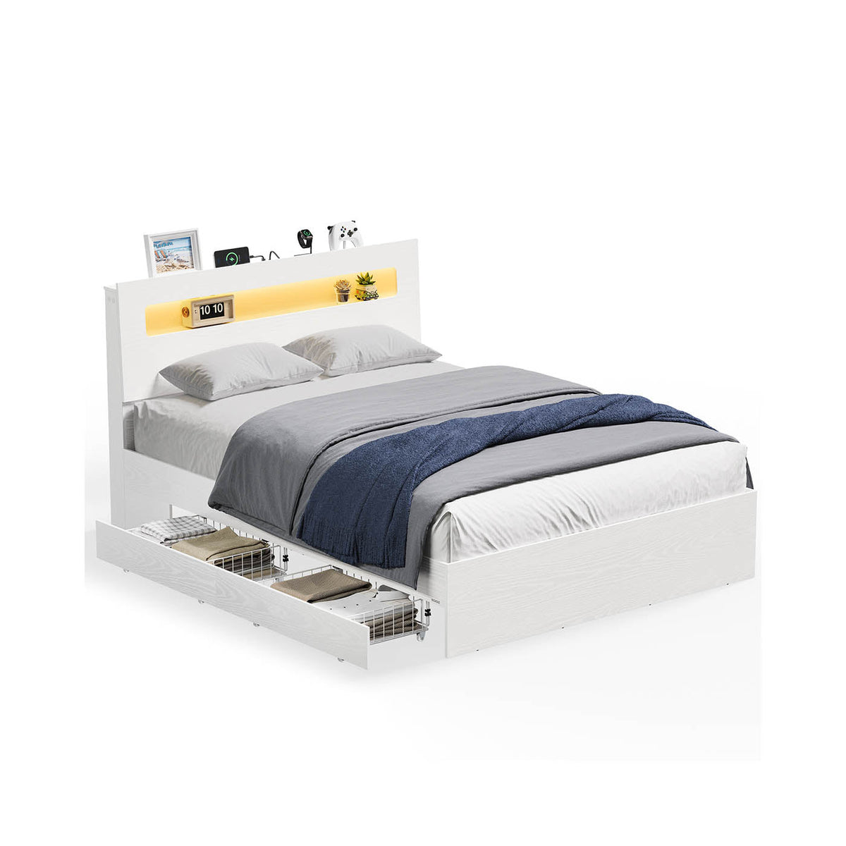 Matt White Bed Frame with Two Drawers and LED Headboard — 140 x 190 cm