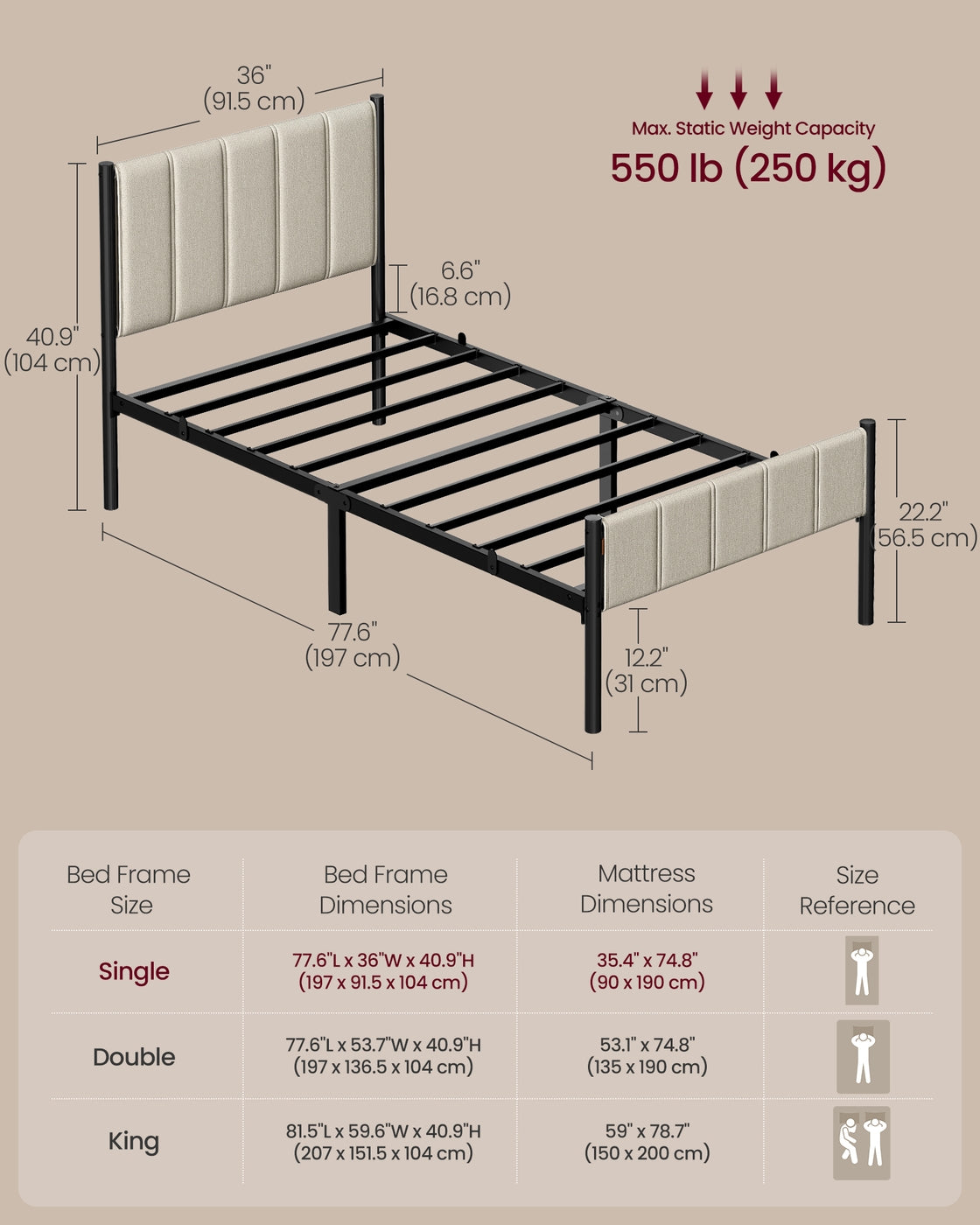 Single Bed Frame 90 x 190 cm 250 kg Weight Capacity Slate Grey - image 22